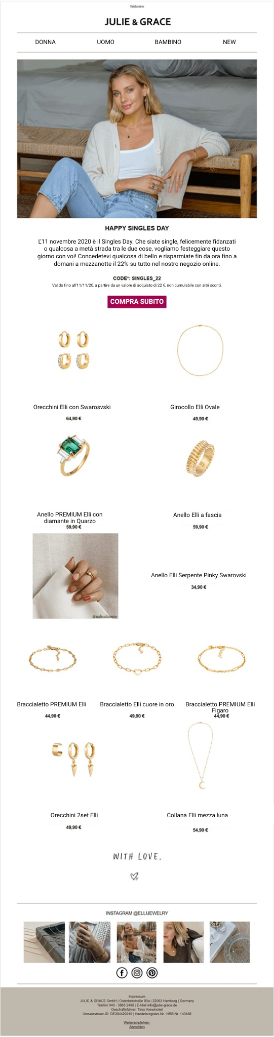 Newsletter di una gioielleria che offre uno sconto per il Single Day